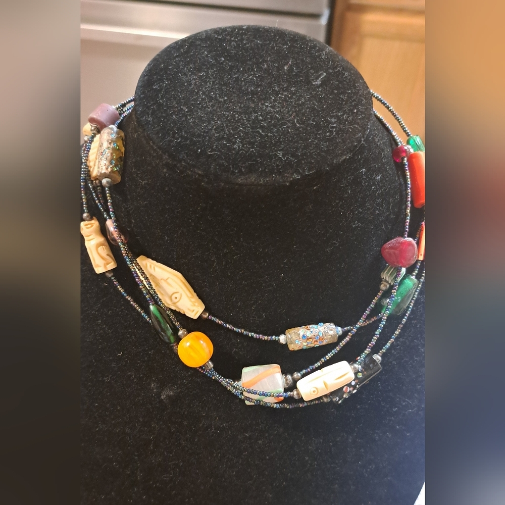 Chico's Designer 4 Strand Glass & Other Beaded Necklace Choker Style Boho